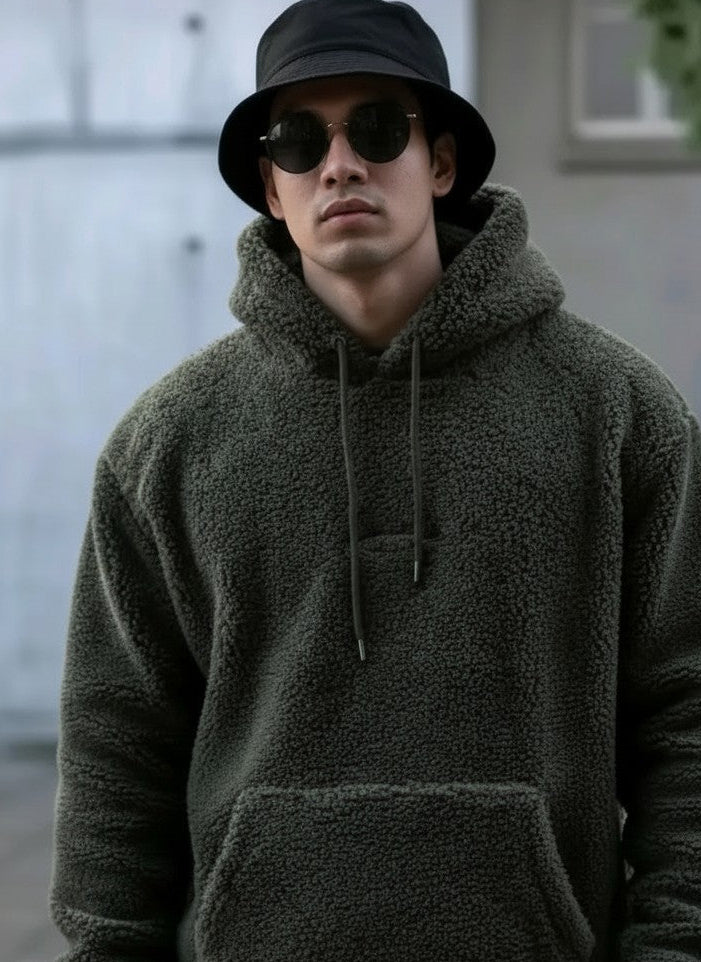 Men’s Olive Fleece Hoodie – Oversized Winter Sweatshirt with Kangaroo Pocket (Streetwear Style)