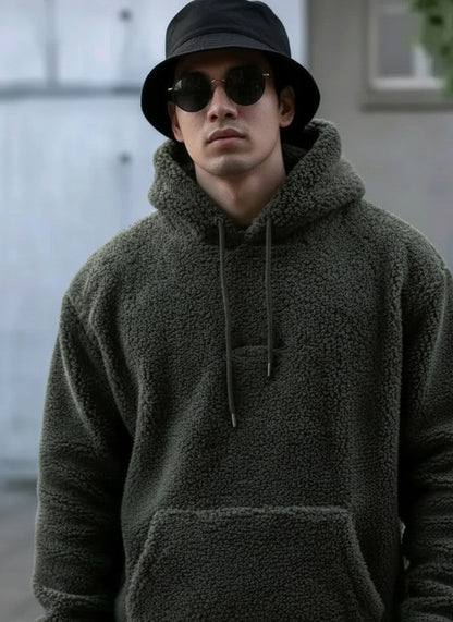 Men’s Olive Fleece Hoodie – Oversized Winter Sweatshirt with Kangaroo Pocket (Streetwear Style)
