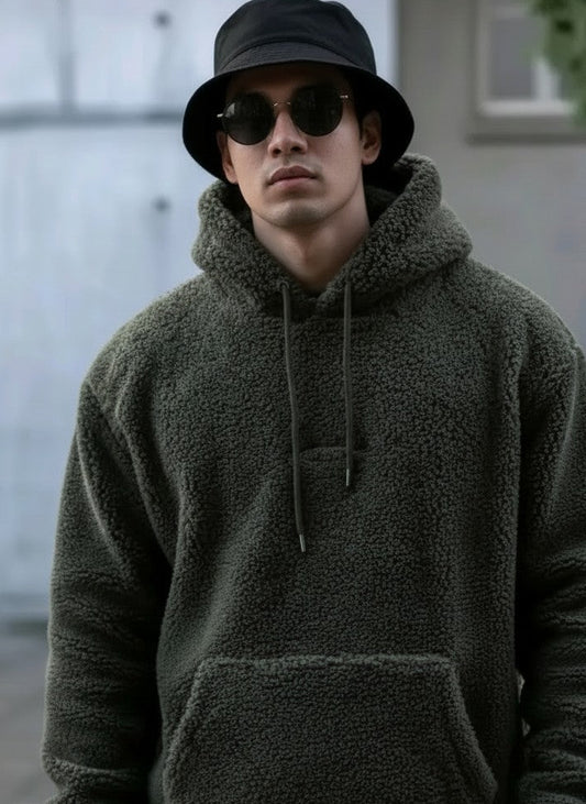 Men’s Olive Fleece Hoodie – Oversized Winter Sweatshirt with Kangaroo Pocket (Streetwear Style)