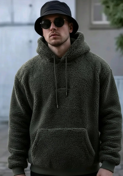 Men’s Olive Fleece Hoodie – Oversized Winter Sweatshirt with Kangaroo Pocket (Streetwear Style)